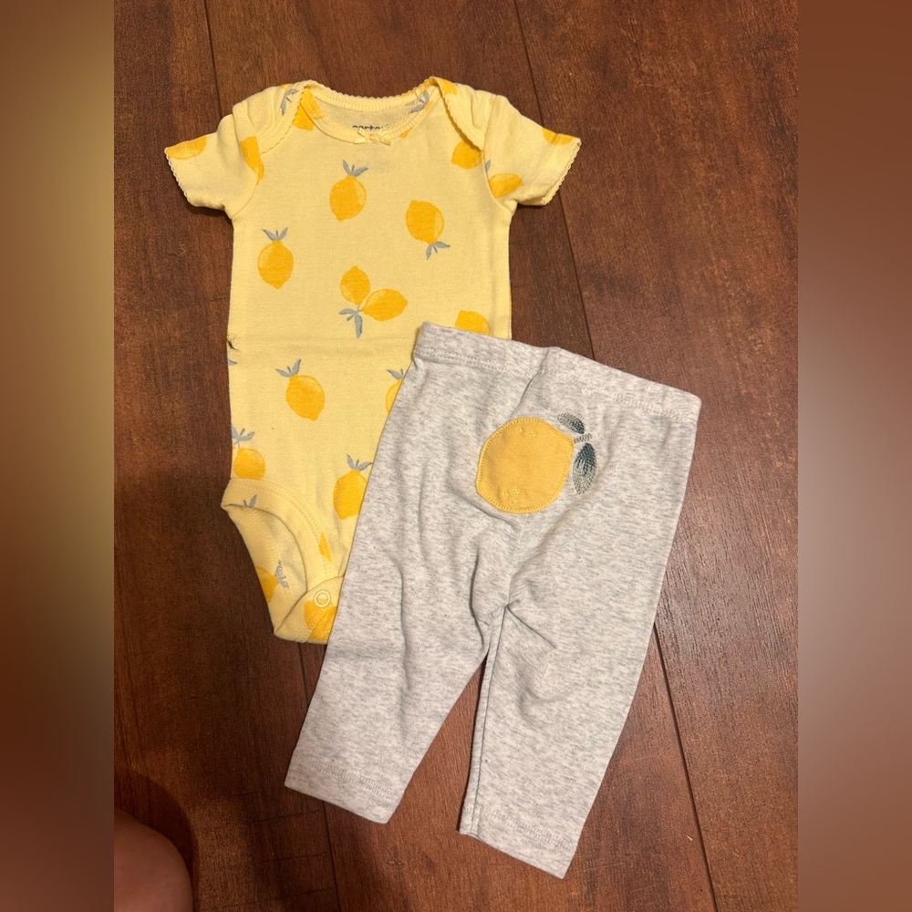 Yellow Lemon Print Onesie and Gray Pants Set